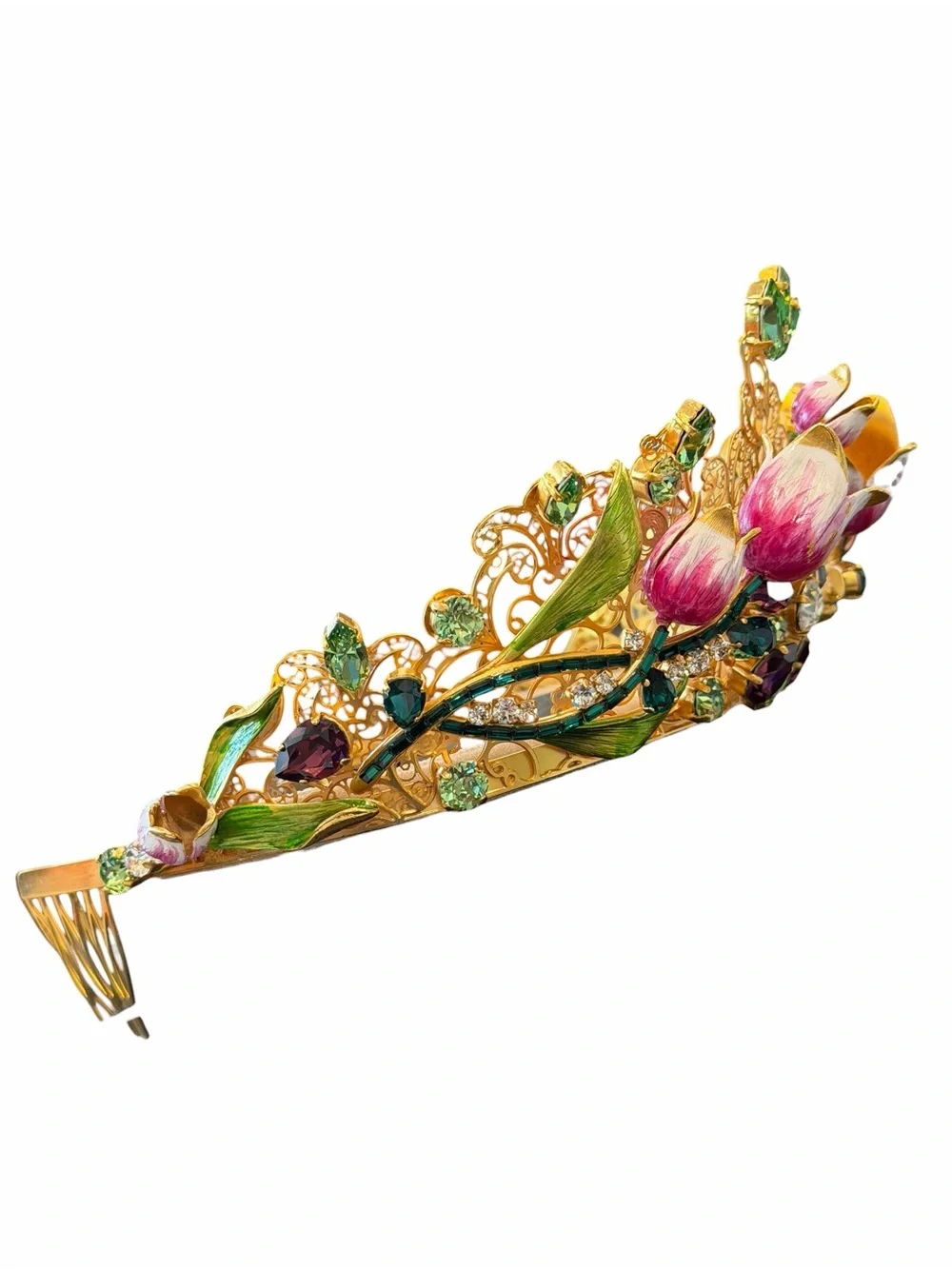 Dolce & Gabbana Gold Floral Jeweled Crown Tiara with Pink and Green Accents